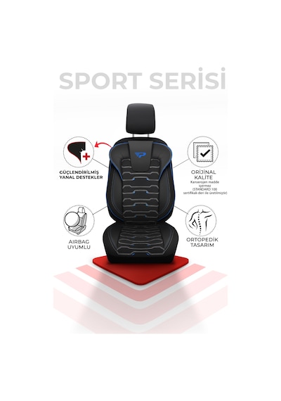 Siyah - Mavi Panda Sport Serisi Jakar Kumaş Oto Koltuk Kılıfı - Tam Set