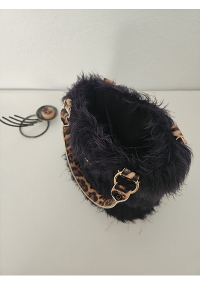 Fikriharika Design Leopar Detaylı, Siyah Tüylü, Kadın El Çantası Siyah