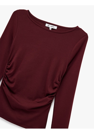 Koton Pamuklu Slim Fit Büzgülü Kayık Yaka Uzun Kollu Tişört Bordo 7wal10134ık