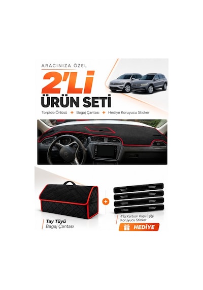 E-biz Volkswagen Tiguan 2016-2023 Uyumlu Torpido Örtüsü + Tay Tüyü Çanta - Siyah-kırmızı - Vw024