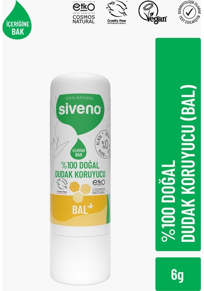 Siveno %100 Doğal Dudak Koruyucu Bal Bitkisel Lip Balm Dudak Kremi Nemlendirici Parlatıcı Onarıcı 6 G