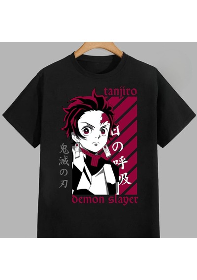Flood Of Style Anime Desenli Unisex Bay Tişört Tanjiro Iblis Avcısı Siyah