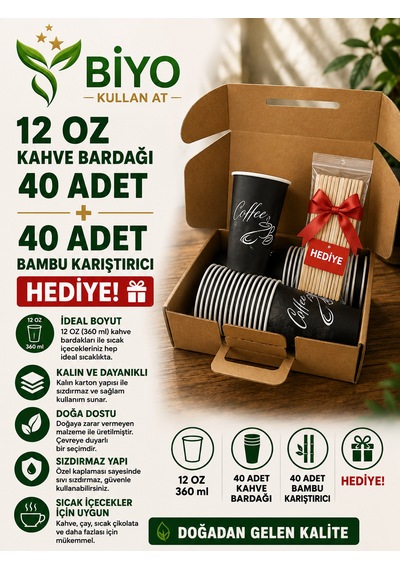 12 Oz Karton Bardak 40 Adet+40 Adet Karıştırıcı Hediye