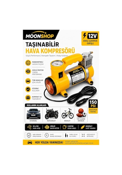 Tr 12v Araç Hava Kompresörü 150 Psı Taşınabilir Lastik Şişirme Pompası Çakmak Girişli Oto Hava Basınç Cihaz