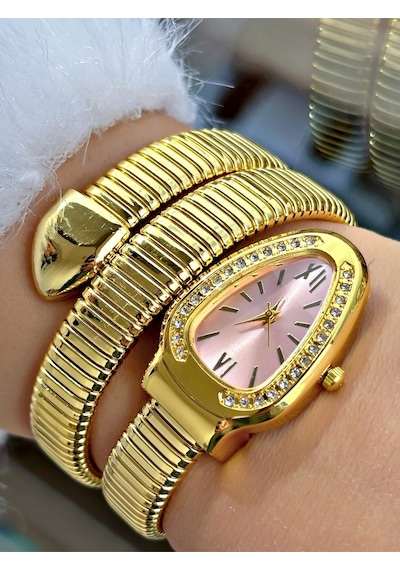 Limited Edition Serisi Özel Tasarım Yılan Modeli Metal Kordon Kadın Kol Saati Pembe