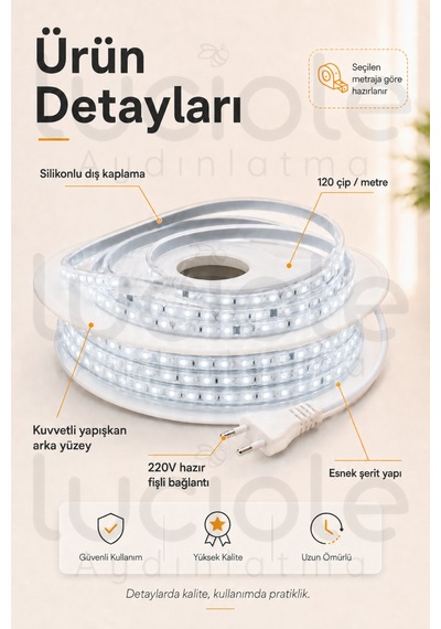 9 Metre 220v Beyaz Şerit Led Hazır Fişli Tak Çalıştır Silikonlu Yapışkanlı