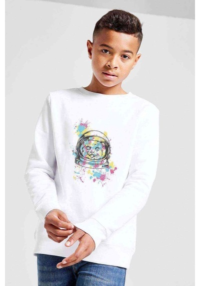 Tshirthane Cattronot Cat Astronot Baskılı Unisex Çocuk Beyaz Sweatshirt Beyaz