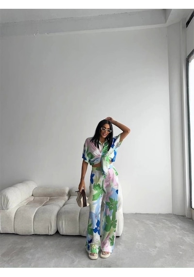 Defymoda Yeşil Büyük Çiçek Desen Saten Gömlek-pantolon Takım - Yeşil Yeşil