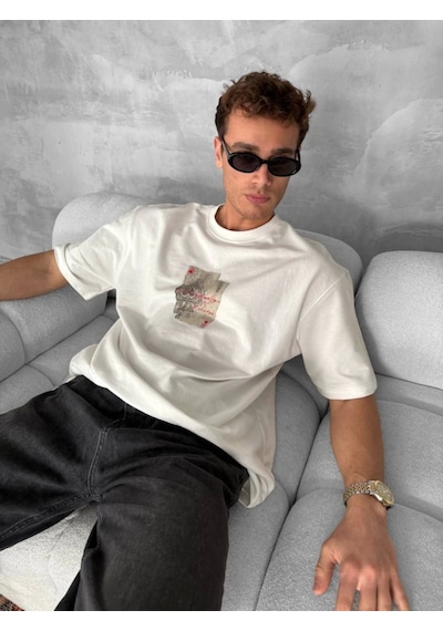 Etiler Collection Erkek Ön Ve Arka Baskılı Oversize Bisiklet Yaka T-shirt - Beyaz