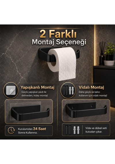 Alper Banyo Siyah Lamalı Tuvalet Kağıtlığı, Hem Yapışkanlı Hem Vidalı Montajlı Wc Kağıt Askılığı, Açı Diğer