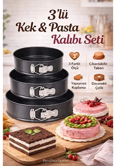 3 Lü Kelepçeli Kek Kalıbı Seti Çıkarılabilir Tabanlı, Yapışmaz Kaplama, Dayanıklı Siyah