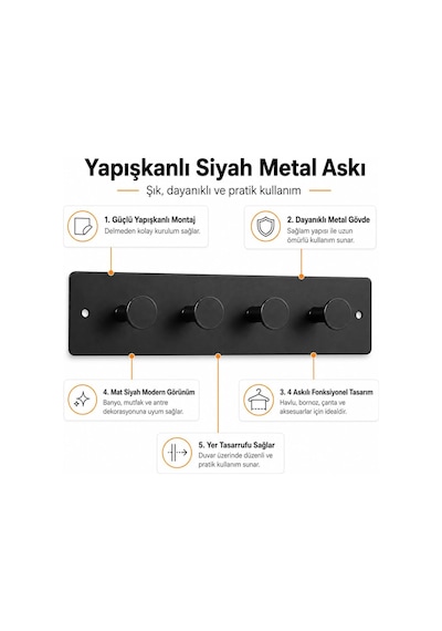 Lexroo Tekli Yapışkanlı Metal Siyah Askı, Delmeden Duvara Monte Havlu Askısı, Çanta Askısı