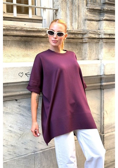 Veraura Lifestyle Mürdüm Oversize Triko Bluz