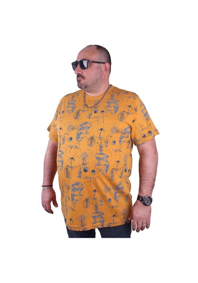 Starbattal Büyük Beden Sıfır Yaka Tişört Compass Holiday 23151 Hardal-Hardal Çok Renkli