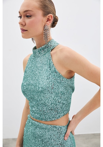 Sateen Kolsuz Payetli Bluz - Mint-135517 Mint