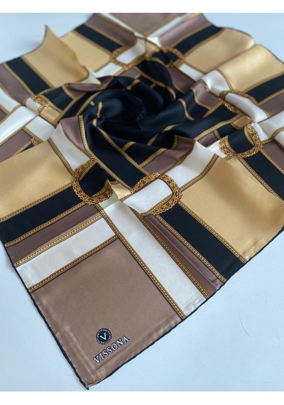 Vissona Tivil İpek Eşarp 16951 - 0001 - 0005 Vizon Beyaz Batik Desen Siyah Vizon