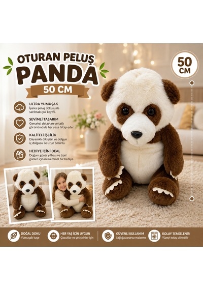 Oyuncak Peluş 50 Cm Oturan Panda Ultra Yumuşak Sevimli Panda Peluş Oyuncak Büyük Boy Kahverengi