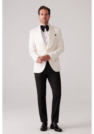 Ysf Erkek Krem Slim Fit Sabit Şal Yaka Damatlık