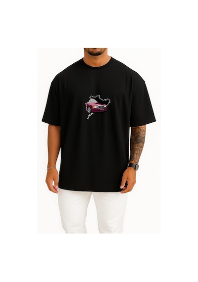 Bahriyeli Collection Oversize Mercedes W124 Classic Araba Göğüs Baskılı Unisex T-shirt Siyah