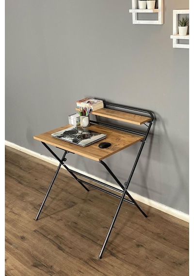 Lich Metal Ayaklı Katlanır Çalışma Masası Raflı Laptop Sehpası Çizim Ve Ders Masası Ceviz - Siyah