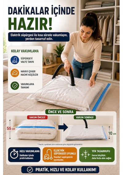 Ultra Boy Vakumlu Hurç 90x120 Cm 1 Adet Çift Kilitli Vakum Poşeti Yorgan Battaniye Saklama Çuvalı Şeffaf