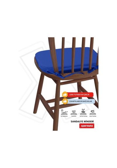 Xpermate Standartfit Oval Sandalye Minderi Fermuarlı Yıkanabilir Kılıf Bağcıklı Su Ve Yağ İtici 42x42x5 Cm Mav Genel
