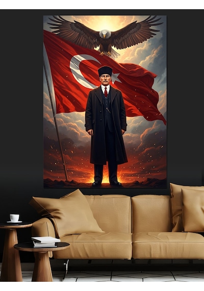 Türk Bayrağı Önünde Atatürk Silüeti Dekoratif Kanvas - Mdf Ahşap Tablo