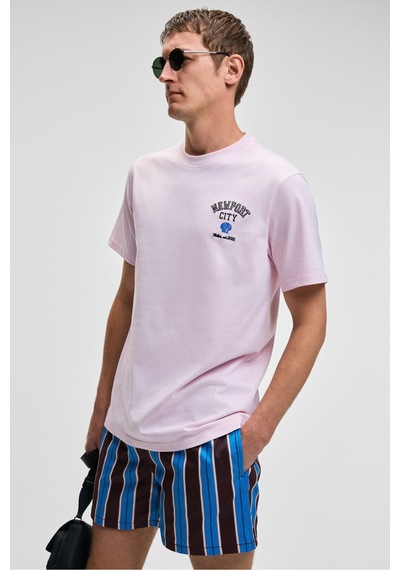 Grimelange SONORA Erkek Baskı Detaylı %100 Organik Pamuk Regular Fit Kısa Kollu Pembe T-Shirt