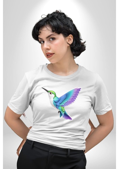 Sinek Kuşu Renkli Unisex Unisex Beyaz Organik Baskılı T-shirt Penye Yüksek Kalite Beyaz