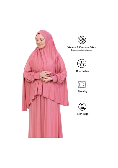Modish Group İki Parça Namaz Elbisesi Uzun Pamuklu Tesettür Giyim Abaya & Başörtüsü Set Gül Kurusu