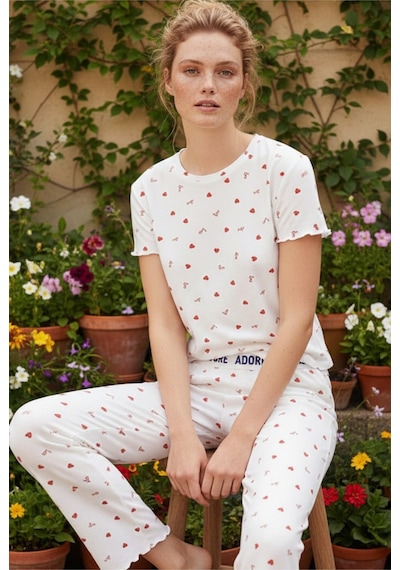 Siyah İnci Lastikli Fitilli Kaşkorse Örme Pijama Takım 26120601 Beyaz Kırmızı