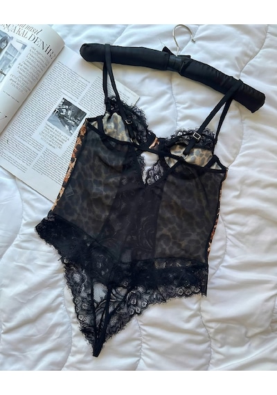 Leopar Tül Dantel Tanga Bodysuit Ve Leopar Dantel Detaylı Sütyen Takımı