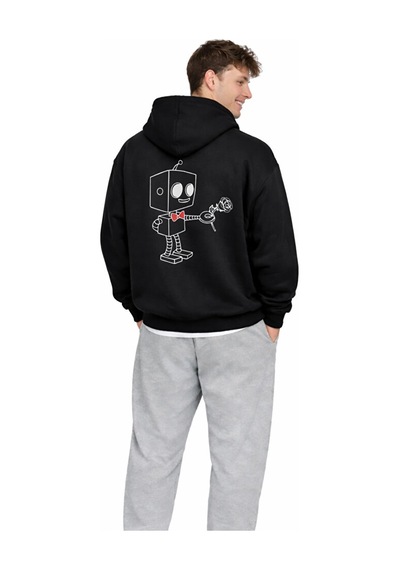 Robot Baskılı Sevgili Kombini Oversize Hoodie Seti Kadın Erkek Un Siyah