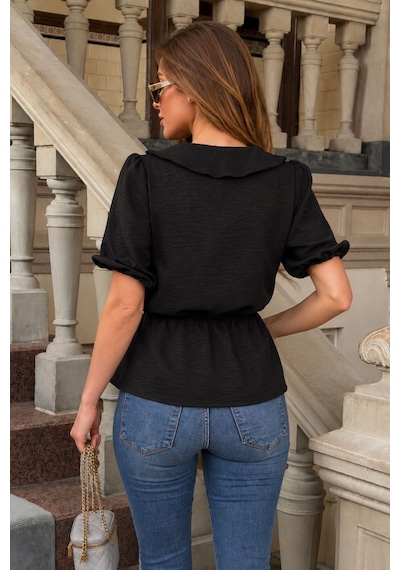 Armonika Kadın Siyah Bebe Yaka Beli Ve Kolları Lastikli Bluz Arm-26y001101