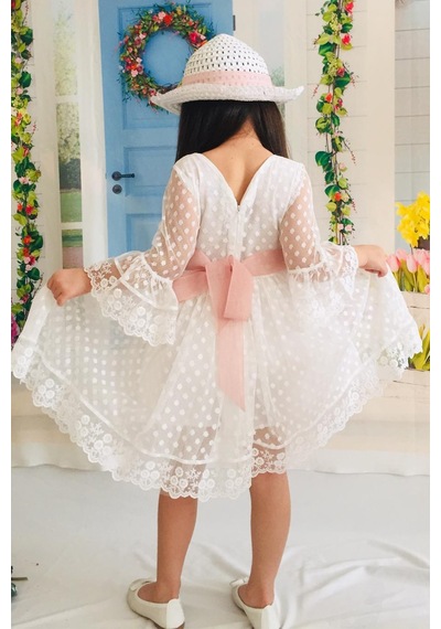 Mnk Baby & Kids Krem Şapkalı Dantelli Kız Çocuk Elbise 001