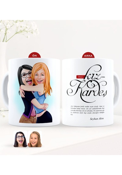 Kişiye Özel Karikatürlü Kız Kardeş Beyaz Kupa Bardak-10