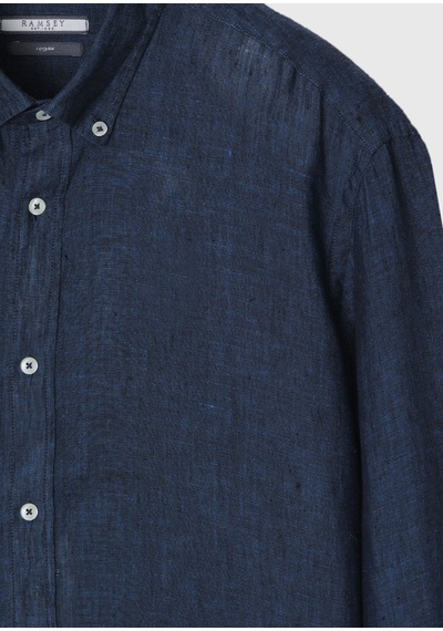 Ramsey İndigo Düz Casual Fit Uzun Dokuma Casual %100 Keten Gömlek