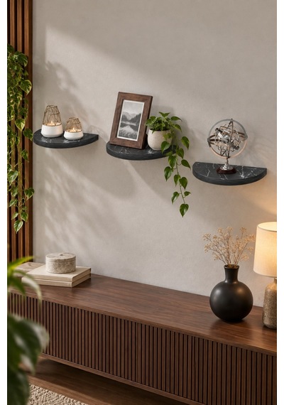 Sulorahome 3'lü Oval Duvar Rafı Siyah Mermer Desenli Dekoratif Raf Seti Siyahmermerdesenli