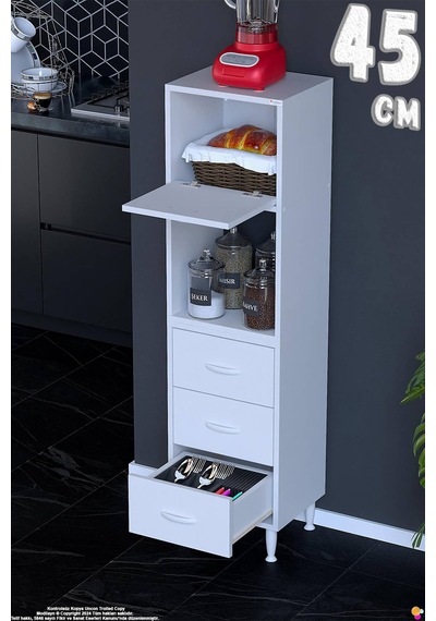 Nola 45 Cm Üstü Kapaklı 3 Çekmeceli Çok Amaçlı Mutfak Kiler Banyo Erzak Depolama Dolabı 45x150x32 Cm Beyaz
