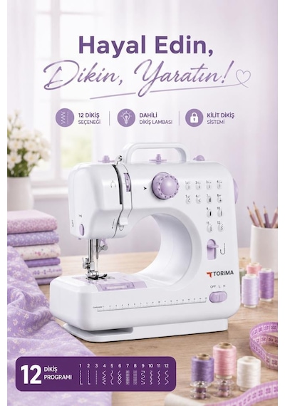 Torima DM01 12 Desenli Pedallı Ev Tipi Beyaz Mini Dikiş Makinesi
