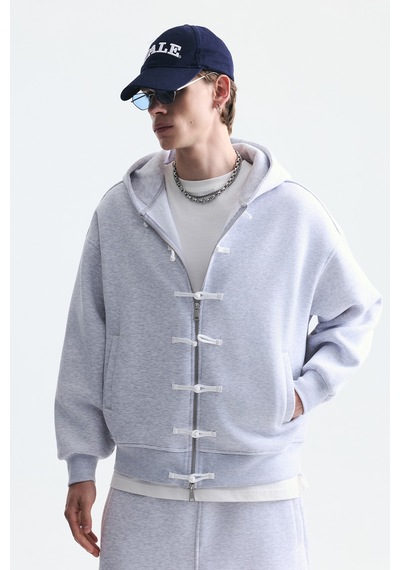 Süslü Düğme Sweatshirt Ve Barrel Fit Eşofman Takım Kar Melanj