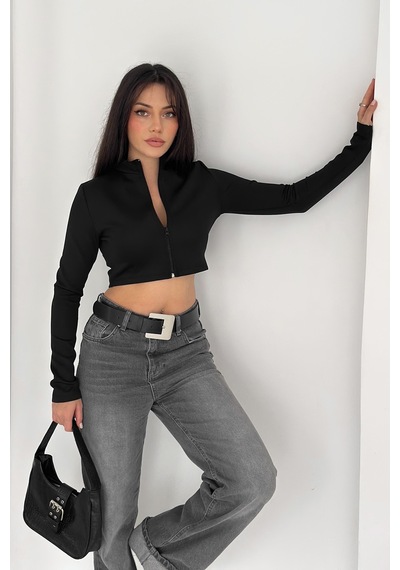 Kadın Fermuarlı Crop Ceket Dinamik & Modern Stil Siyah
