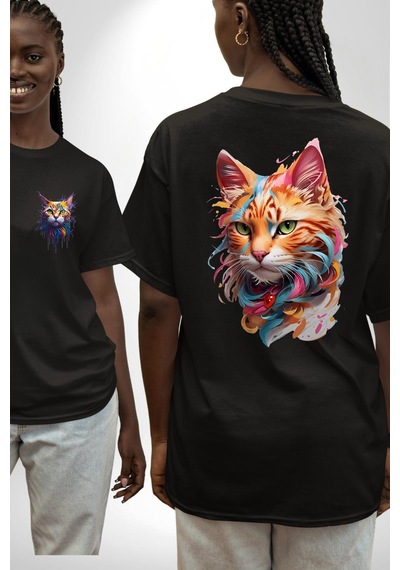 Hayvan Kedi Sanat Potre Siyah Oversize Unisex Ön Ve Sırt Baskılı Tişört Siyah