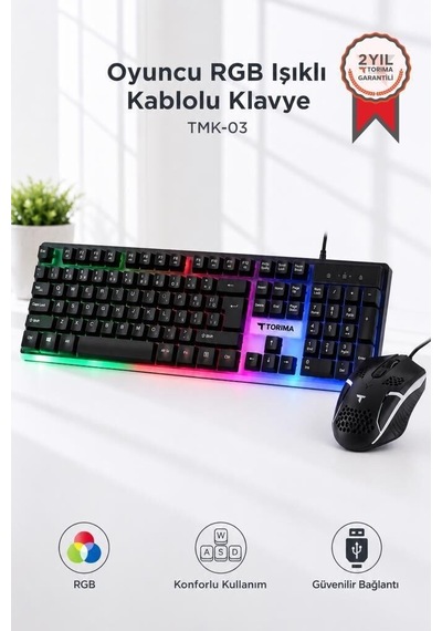 Eğlence Ekipmanı Donanım Paketi Oyuncu Rgb Işıklı Kablolu Q Klavye Ve Mouse Seti Tmk03