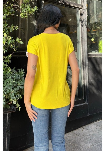 Beyaz Sarı Penye Basic Bluz Beyaz