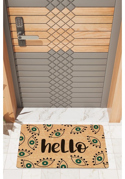 Rugmood Modern Dijtal Baskı Nazar Boncuklu Hello Kapı Önü Paspası Kahverengi