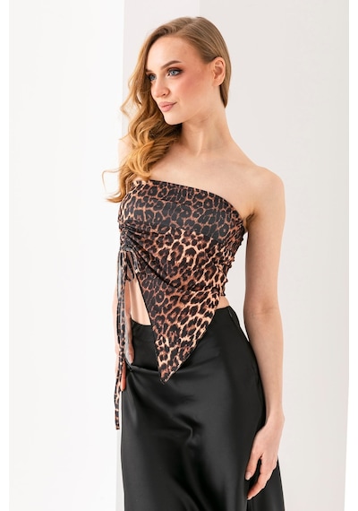Giysa Kadın Büzgülü Asimetrik Kesim Straplez Bluz Leopar - 2453 LEOPAR
