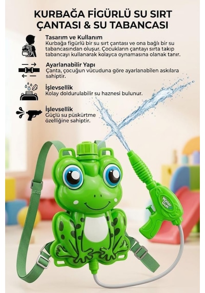 3 Parça Su Depolama Hazneli Kurbağa Şekilli Askılı Sırt Çantası Ve Oyuncak Su Tabancalı Oyun Seti