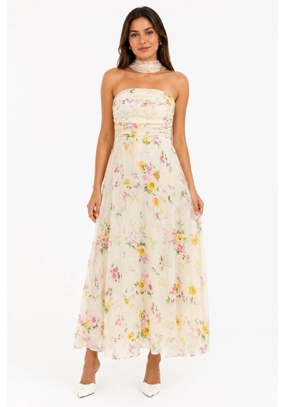 Elora Atelier Çiçek Desenli Şallı Askılı Elbise Çok Renkli
