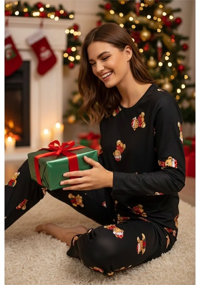 Siyah İnci Yumuşak Dokulu Süet Örme Pijama Takım 7983 Siyah Ayıcık